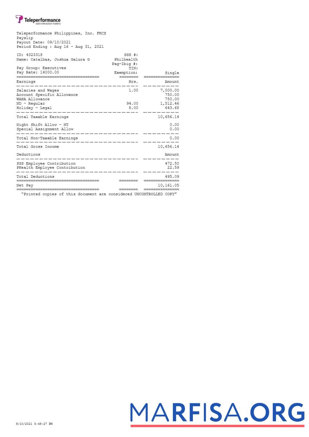 Downloadable Teleperformance Philippines payslip sample